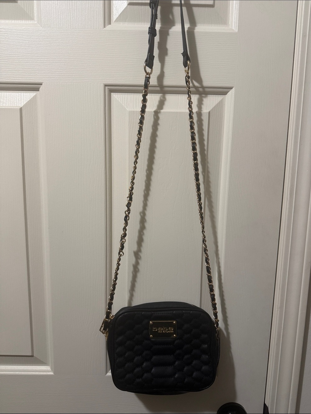Bebe Black Quilted Crossbody with Gold Chain Detail